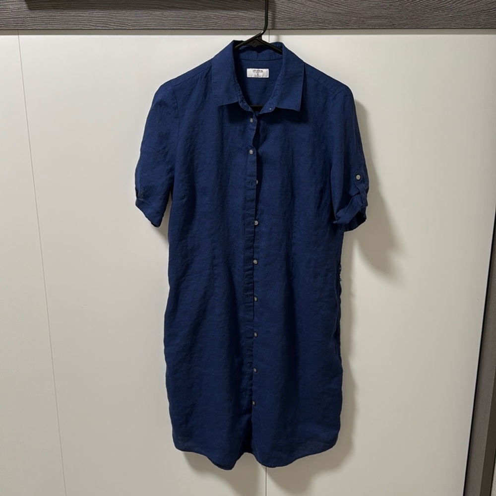 Untuckit Nancy Dress 100% Linen Button Front Navy Tunic dress  Size 8